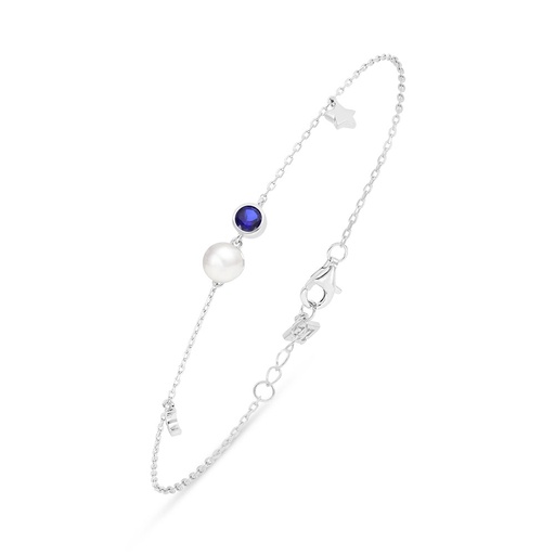 [BRC01FPR00SAPB399] Sterling Silver 925 Bracelet Rhodium Plated Embedded With Natural White Pearl And Sapphire Corundum 