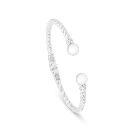 [BNG01FPR00WCZA119] Sterling Silver 925 Bangle Rhodium Plated Embedded With Natural White Pearl And White Zircon 