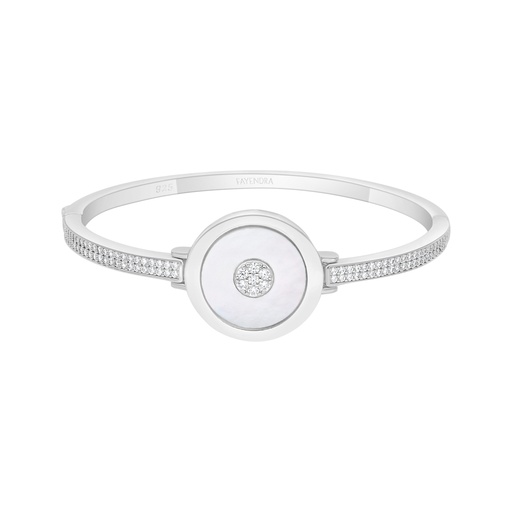 [BNG01MOP00WCZA120] Sterling Silver 925 Bangle Rhodium Plated Embedded With White Shell And White Zircon