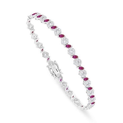 [BRC01RUB00WCZB338] Sterling Silver 925 Bracelet Rhodium Plated Embedded With Ruby Corundum And White Zircon