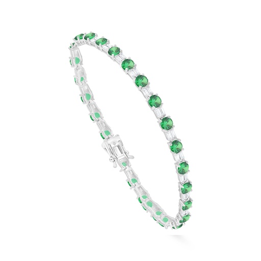 [BRC01EMR00WCZB236] Sterling Silver 925 Bracelet Rhodium Plated Embedded With Emerald Zircon And White Zircon