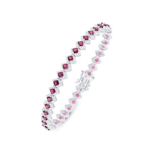 [BRC01RUB00WCZB242] Sterling Silver 925 Bracelet Rhodium Plated Embedded With Ruby Corundum And White Zircon