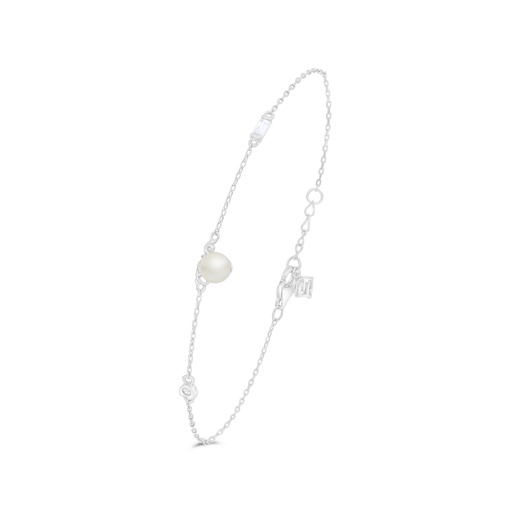 [BRC01FPR00WCZB393] Sterling Silver 925 Bracelet Rhodium Plated Embedded With Natural White Pearl And White Zircon 