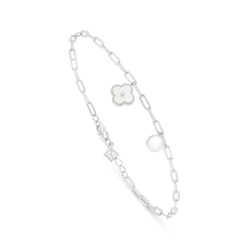 [BRC01FPR00MOPB407] Sterling Silver 925 Bracelet Rhodium Plated Embedded With Natural White Pearl And White Shell And White Zircon 