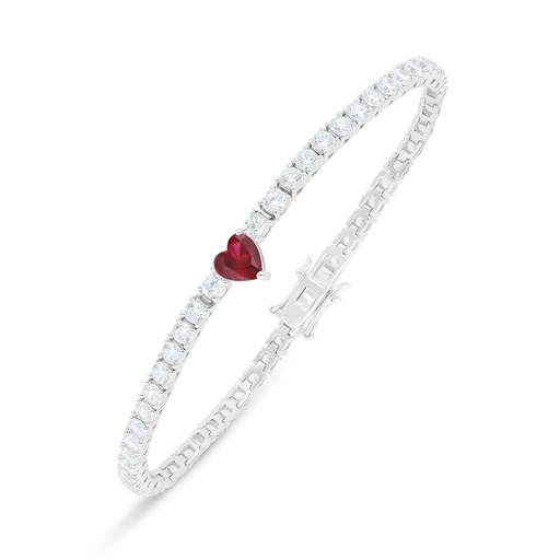 [BRC01RUB00WCZB231] Sterling Silver 925 Bracelet Rhodium Plated Embedded With Ruby Corundum And White Zircon