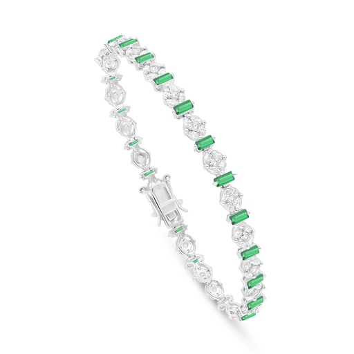 [BRC01EMR00WCZB290] Sterling Silver 925 Bracelet Rhodium Plated Embedded With Emerald Zircon And White Zircon