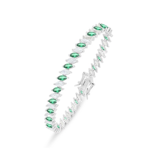 [BRC01EMR00WCZB244] Sterling Silver 925 Bracelet Rhodium Plated Embedded With Emerald Zircon And White Zircon