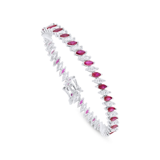 [BRC01RUB00WCZB244] Sterling Silver 925 Bracelet Rhodium Plated Embedded With Ruby Corundum And White Zircon