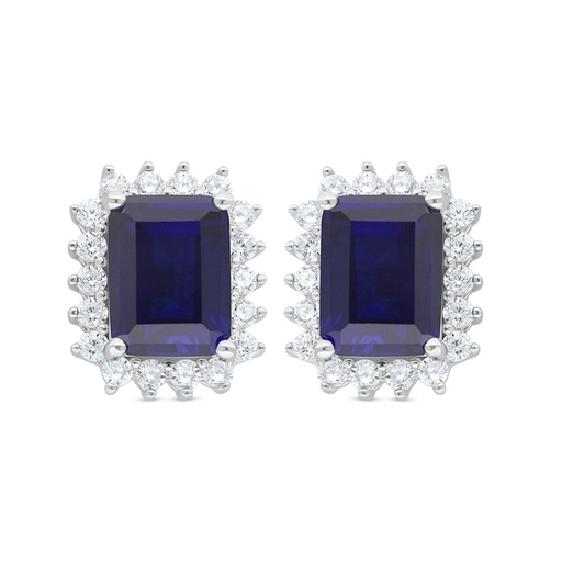 [EAR01SAP00WCZC834] Sterling Silver 925 Earring Rhodium Plated Embedded With Sapphire Corundum And White Zircon