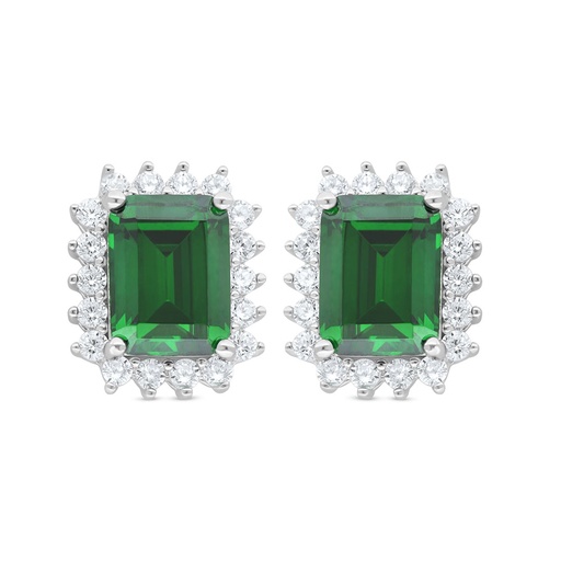 [EAR01EMR00WCZC834] Sterling Silver 925 Earring Rhodium Plated Embedded With Emerald Zircon And White Zircon