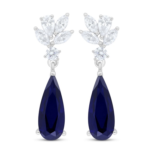 [EAR01SAP00WCZC835] Sterling Silver 925 Earring Rhodium Plated Embedded With Sapphire Corundum And White Zircon