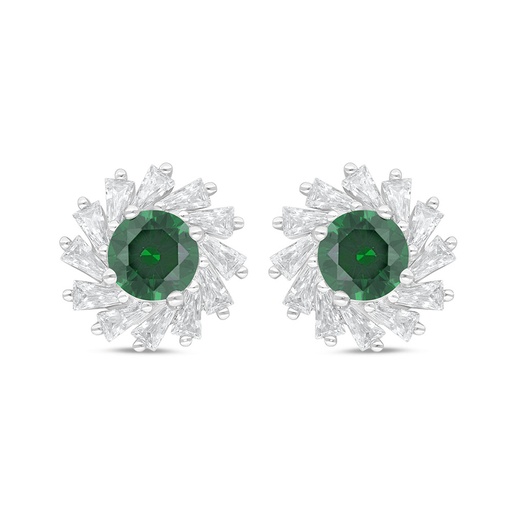 [EAR01EMR00WCZC843] Sterling Silver 925 Earring Rhodium Plated Embedded With Emerald Zircon And White Zircon