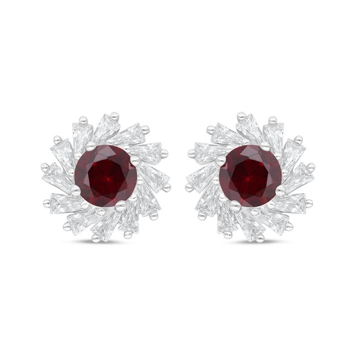 [EAR01RUB00WCZC843] Sterling Silver 925 Earring Rhodium Plated Embedded With Ruby Corundum And White Zircon