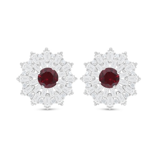 [EAR01RUB00WCZC844] Sterling Silver 925 Earring Rhodium Plated Embedded With Ruby Corundum And White Zircon