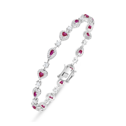 [BRC01RUB00WCZB424] Sterling Silver 925 Bracelet Rhodium Plated Embedded With Ruby Corundum And White Zircon