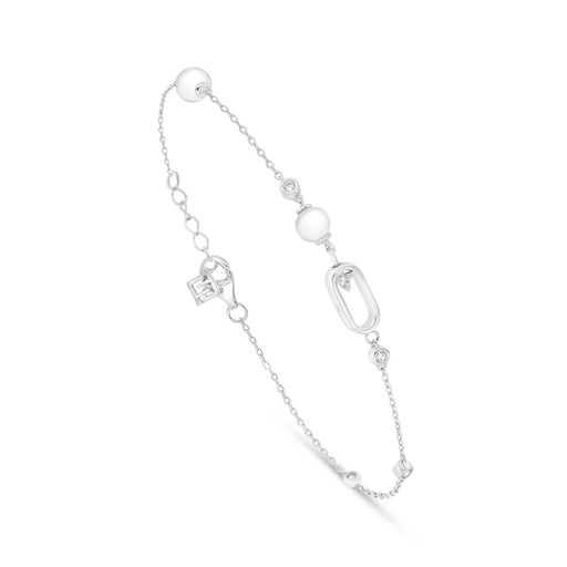 [BRC01FPR00WCZB434] Sterling Silver 925 Bracelet Rhodium Plated Embedded With Natural White Pearl And White Zircon 