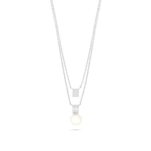 [NCL01FPR00WCZB923] Sterling Silver 925 Necklace Rhodium Plated Embedded With Natural White Pearl And White Zircon 