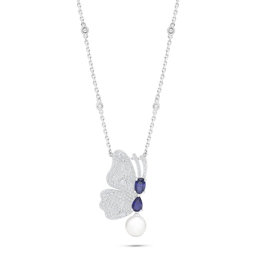 [NCL01FPR00SAPB924] Sterling Silver 925 Necklace Rhodium Plated Embedded With Natural White Pearl And Sapphire Corundum And White Zircon