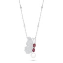 Sterling Silver 925 Necklace Rhodium Plated Embedded With Natural White Pearl And Ruby Corundum And White Zircon