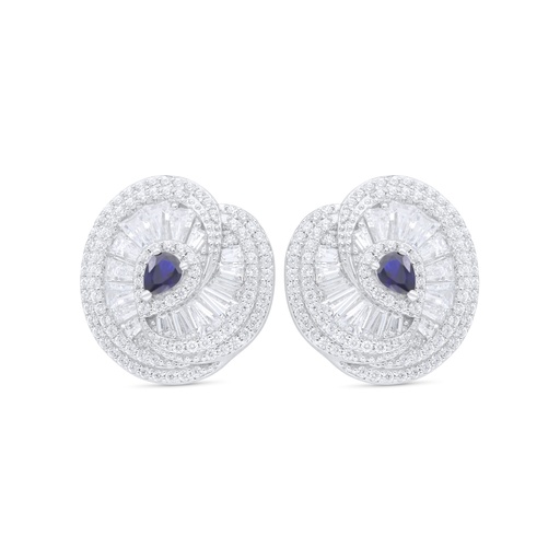 [EAR01SAP00WCZC851] Sterling Silver 925 Earring Rhodium Plated Embedded With Sapphire Corundum And White Zircon