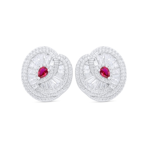 [EAR01RUB00WCZC851] Sterling Silver 925 Earring Rhodium Plated Embedded With Ruby Corundum And White Zircon