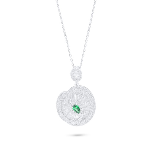 [NCL01EMR00WCZB934] Sterling Silver 925 Necklace Rhodium Plated Embedded With Emerald Zircon And White Zircon