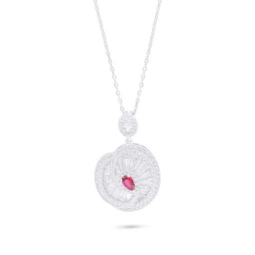 [NCL01RUB00WCZB934] Sterling Silver 925 Necklace Rhodium Plated Embedded With Ruby Corundum And White Zircon