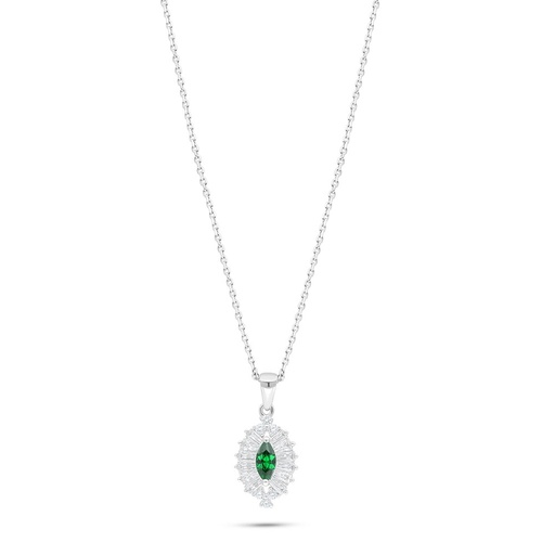 [NCL01EMR00WCZB937] Sterling Silver 925 Necklace Rhodium Plated Embedded With Emerald Zircon And White Zircon