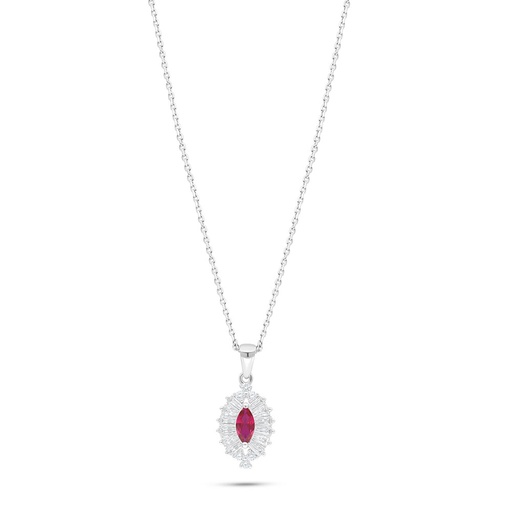 [NCL01RUB00WCZB937] Sterling Silver 925 Necklace Rhodium Plated Embedded With Ruby Corundum And White Zircon