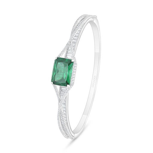 [BNG01EMR00WCZA126] Sterling Silver 925 Bangle Rhodium Plated Embedded With Emerald Zircon And White Zircon