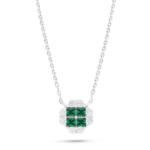 [NCL01EMR00WCZB829] Sterling Silver 925 Necklace Rhodium Plated Embedded With Emerald Zircon And White Zircon