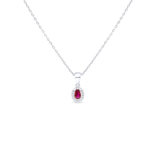 [NCL01RUB00WCZB838] Sterling Silver 925 Necklace Rhodium Plated Embedded With Ruby Corundum And White Zircon