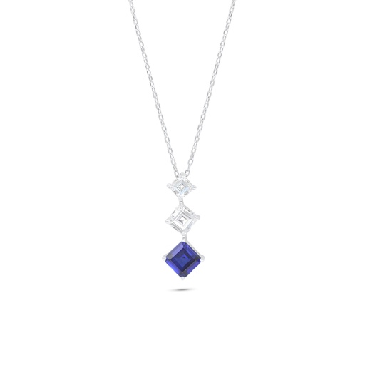 [NCL01SAP00WCZB839] Sterling Silver 925 Necklace Rhodium Plated Embedded With Sapphire Corundum And White Zircon