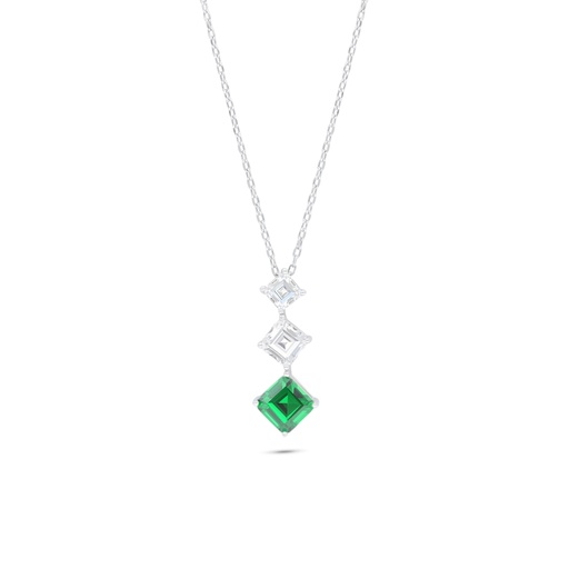 [NCL01EMR00WCZB839] Sterling Silver 925 Necklace Rhodium Plated Embedded With Emerald Zircon And White Zircon