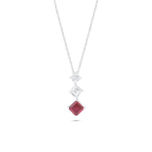 [NCL01RUB00WCZB839] Sterling Silver 925 Necklace Rhodium Plated Embedded With Ruby Corundum And White Zircon