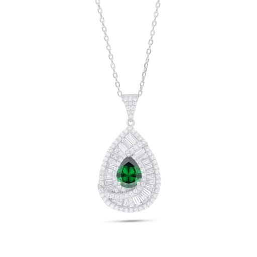 [NCL01EMR00WCZB841] Sterling Silver 925 Necklace Rhodium Plated Embedded With Emerald Zircon And White Zircon