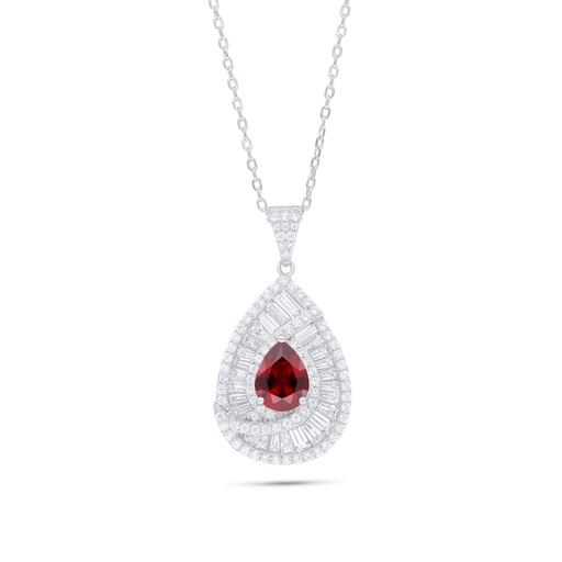 [NCL01RUB00WCZB841] Sterling Silver 925 Necklace Rhodium Plated Embedded With Ruby Corundum And White Zircon