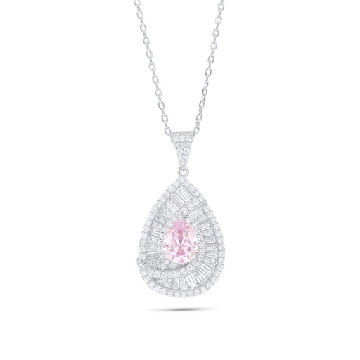 [NCL01PIK00WCZB841] Sterling Silver 925 Necklace Rhodium Plated Embedded With Pink Zircon And White Zircon