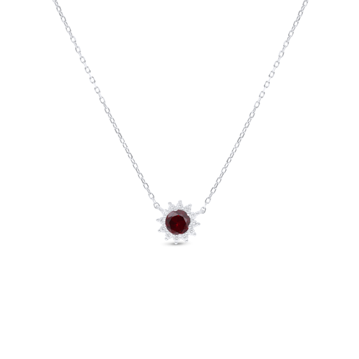 [NCL01RUB00WCZB844] Sterling Silver 925 Necklace Rhodium Plated Embedded With Ruby Corundum And White Zircon