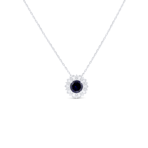 [NCL01SAP00WCZB845] Sterling Silver 925 Necklace Rhodium Plated Embedded With Sapphire Corundum And White Zircon