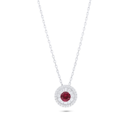 [NCL01RUB00WCZB847] Sterling Silver 925 Necklace Rhodium Plated Embedded With Ruby Corundum And White Zircon