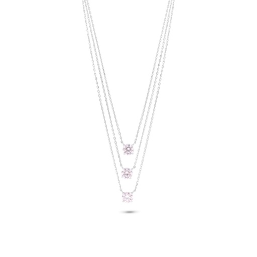 [NCL01PIK00WCZB856] Sterling Silver 925 Necklace Rhodium Plated Embedded With Pink Zircon And White Zircon