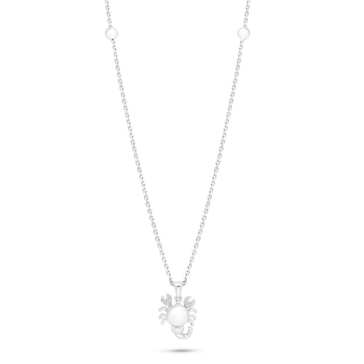 [NCL01FPR00WCZB863] Sterling Silver 925 Necklace Rhodium Plated Embedded With Natural White Pearl And White Zircon 