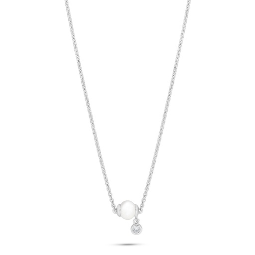 [NCL01FPR00WCZB866] Sterling Silver 925 Necklace Rhodium Plated Embedded With Natural White Pearl And White Zircon 