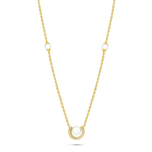 [NCL02FPR00WCZB874] Sterling Silver 925 Necklace Golden Plated Embedded With Natural White Pearl And White Zircon 