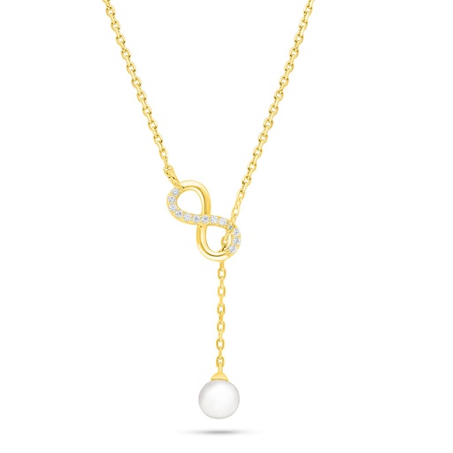 [NCL02FPR00WCZB887] Sterling Silver 925 Necklace Golden Plated Embedded With Natural White Pearl And White Zircon