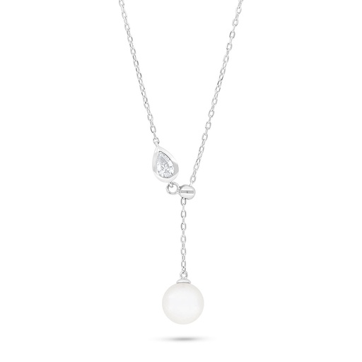 [NCL01FPR00WCZB889] Sterling Silver 925 Necklace Rhodium Plated Embedded With Natural White Pearl And White Zircon 