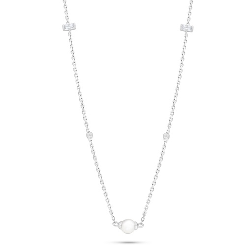 [NCL01FPR00WCZB892] Sterling Silver 925 Necklace Rhodium Plated Embedded With Natural White Pearl And White Zircon 