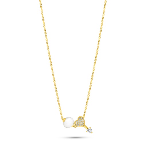 [NCL02FPR00WCZB893] Sterling Silver 925 Necklace Golden Plated Embedded With Natural White Pearl And White Zircon 