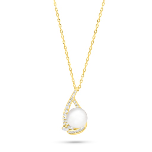 [NCL02FPR00WCZB895] Sterling Silver 925 Necklace Golden Plated Embedded With Natural White Pearl And White Zircon